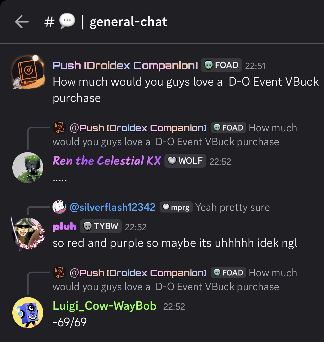 Discord screenshot showing Push asking how people would feel about a D-O Event V-Buck purchase and community replies.