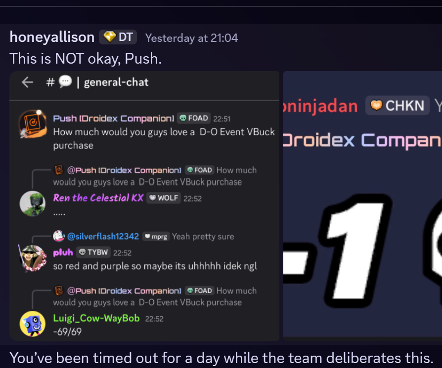 Discord screenshot quoting the D-O question and stating that Push was timed out for one day while the team deliberated.