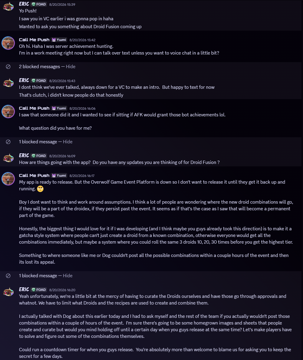 Discord direct-message screenshot showing an August 20 discussion between Eric and Push about Droid Fusion and delaying publication of combinations.