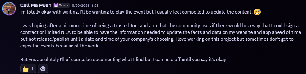 Discord direct-message screenshot showing Push agreeing to wait and offering to sign an NDA or limited agreement.