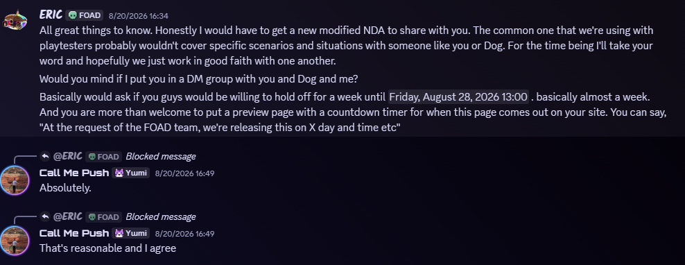 Discord direct-message screenshot showing Eric proposing August 28 at 1 PM and saying the parties would work in good faith, followed by Push agreeing.