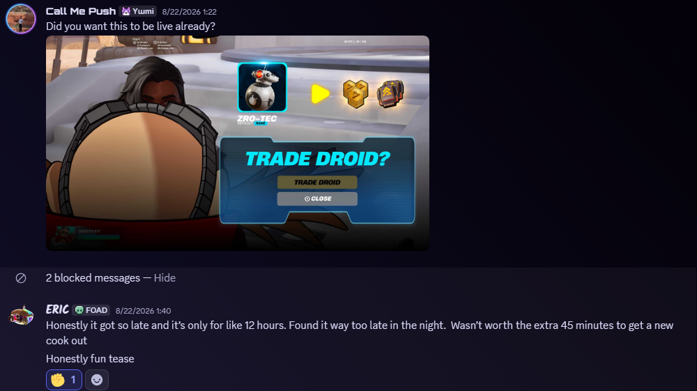 Discord direct-message screenshot showing a Fusion preview and Eric saying the information arrived late and was only useful for around twelve hours.